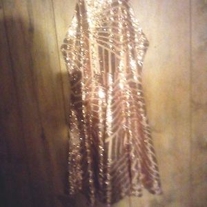 Formal gold sequins sleeveless short dress with straps around neck. Sz small